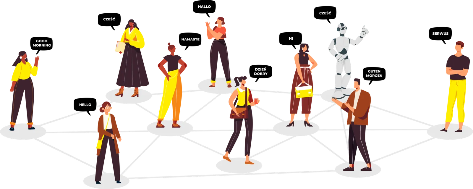 Ilustracja: zespół specjalistów Scharmach witający się w wielu językach