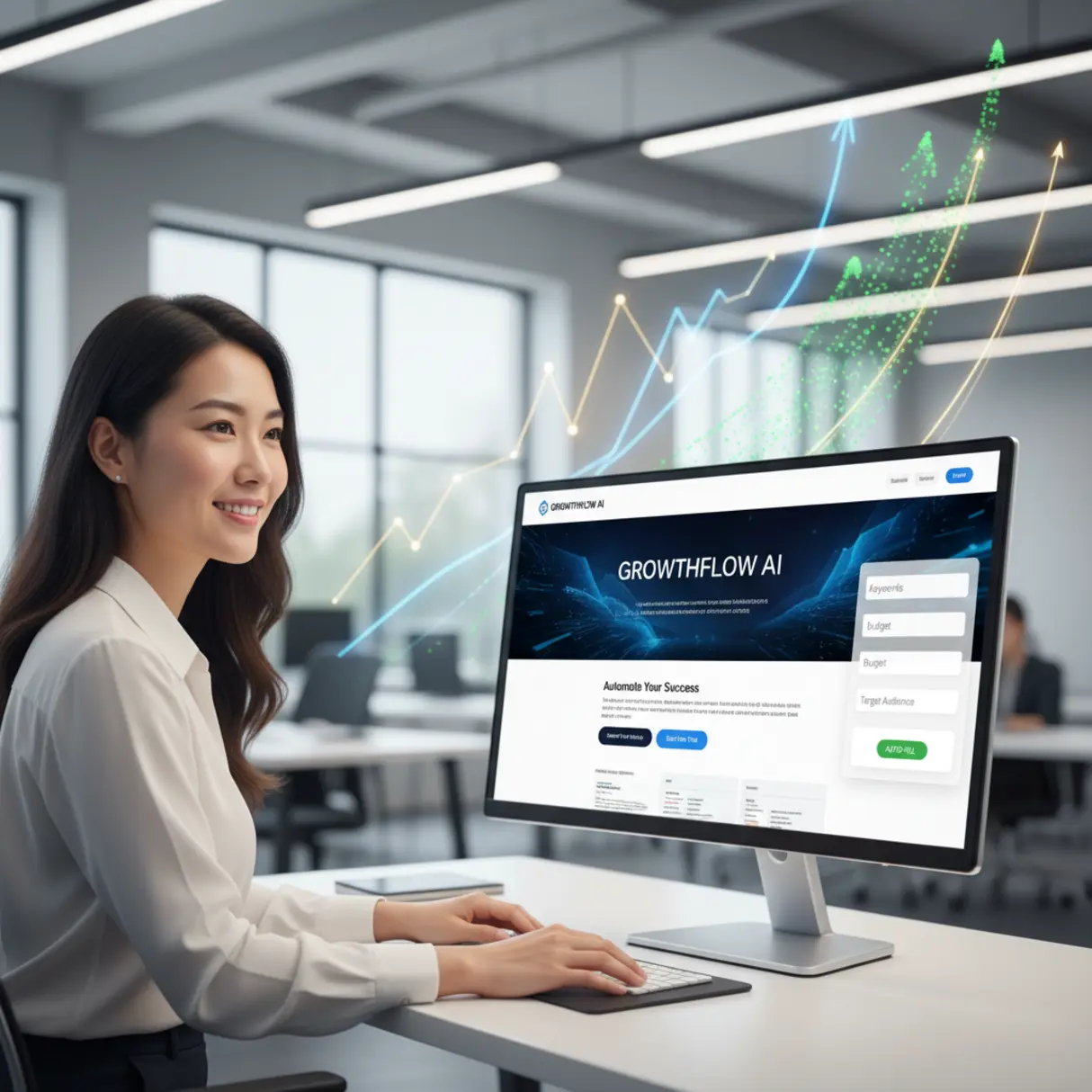 Specjalista ds. marketingu analizuje landing page i arkusz kalkulacyjny w nowoczesnym biurze, z cyfrowymi efektami symbolizującymi wzrost i automatyzację.
