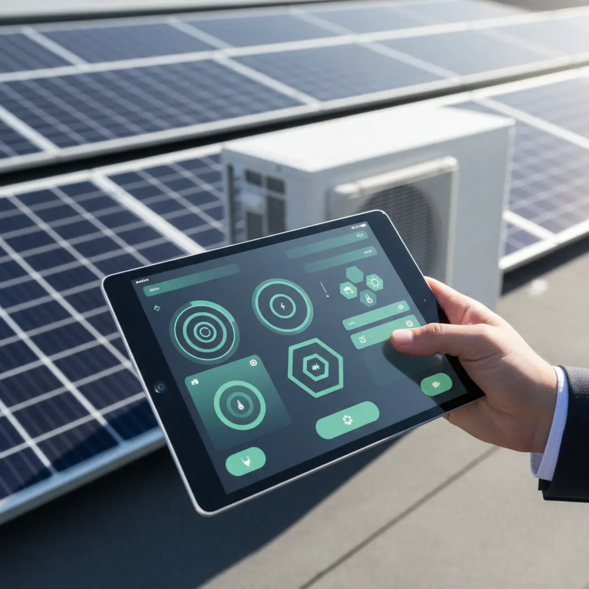 Tablet z nowoczesnym interfejsem użytkownika na tle paneli słonecznych i pompy ciepła.