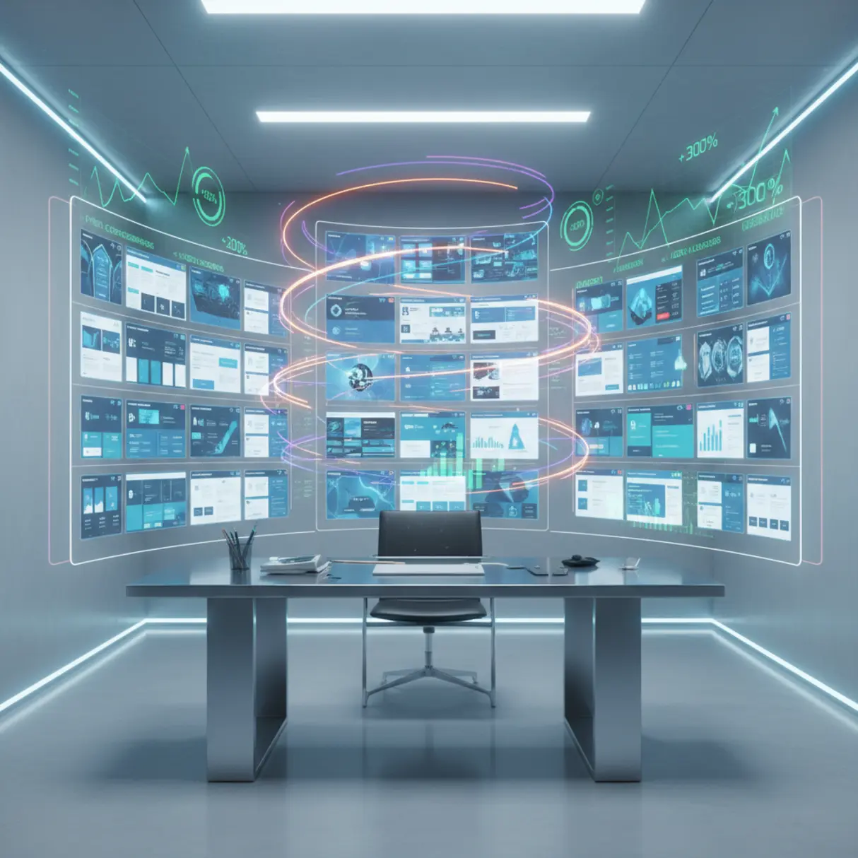 Futurystyczne centrum kontroli cyfrowej z holograficznymi wyświetlaczami prezentującymi szablony stron docelowych, symbolizujące automatyzację i skalowalność SEO.