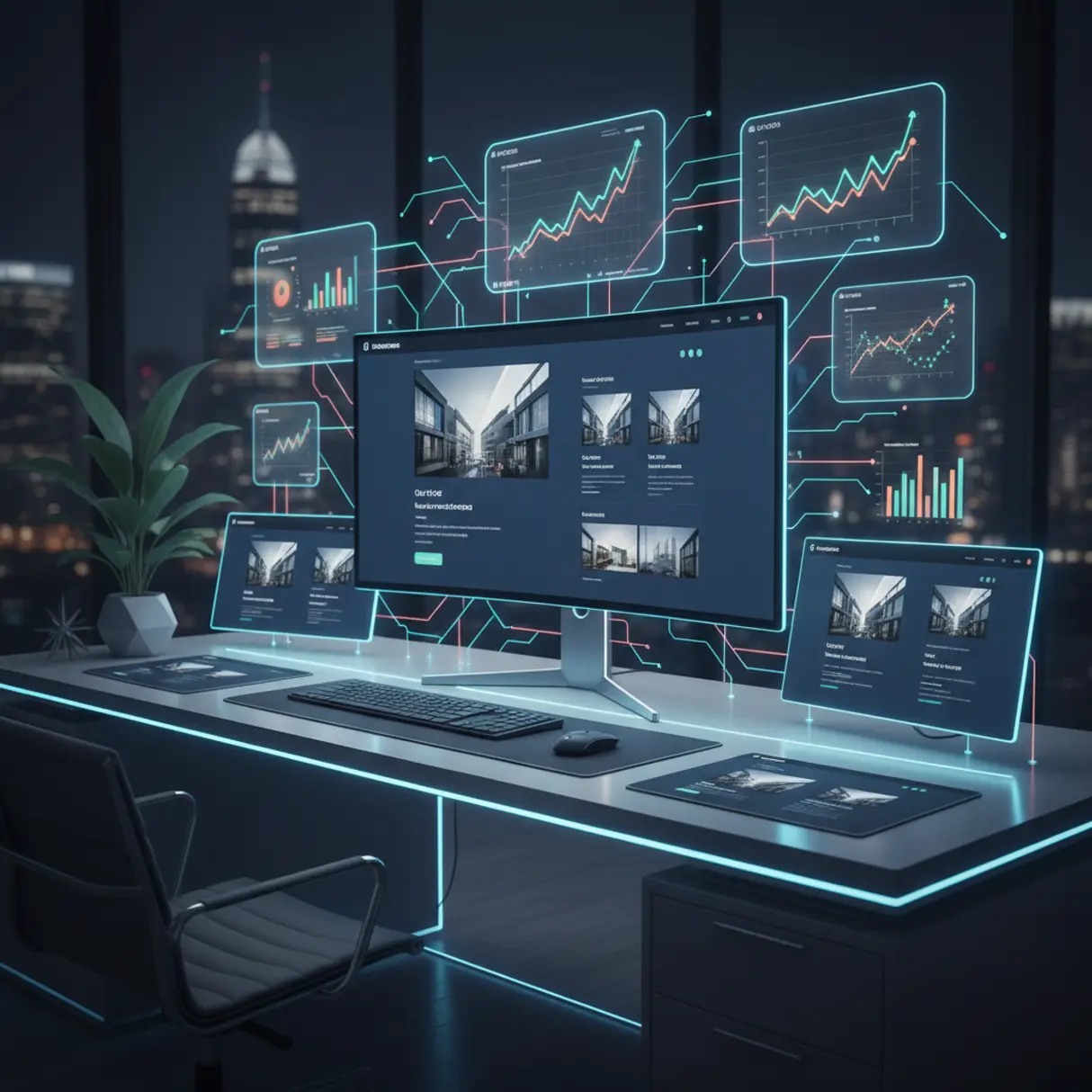 Nowoczesne, zaawansowane technologicznie stanowisko pracy z ultralekkim monitorem prezentującym szablon strony docelowej i holograficznymi projekcjami wariantów strony z danymi analitycznymi i krzywymi wzrostu, symbolizujące automatyzację, wydajność i strategiczną ekspansję cyfrową.
