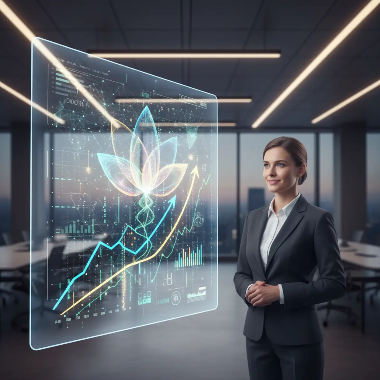 Holograficzny wyświetlacz z danymi wizualizacyjnymi symbolizującymi wzrost i sukces, obserwowany przez osobę w nowoczesnym biurze.