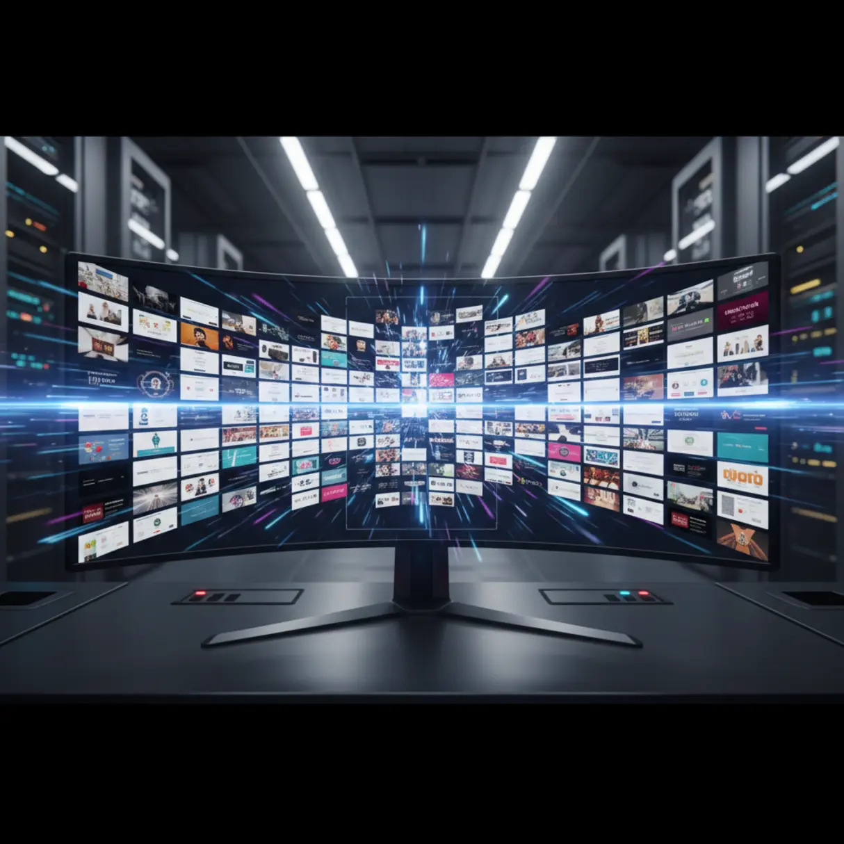 Futurystyczny panel sterowania z ultra-szerokim monitorem, prezentujący dynamiczną siatkę setek doskonałych stron docelowych.