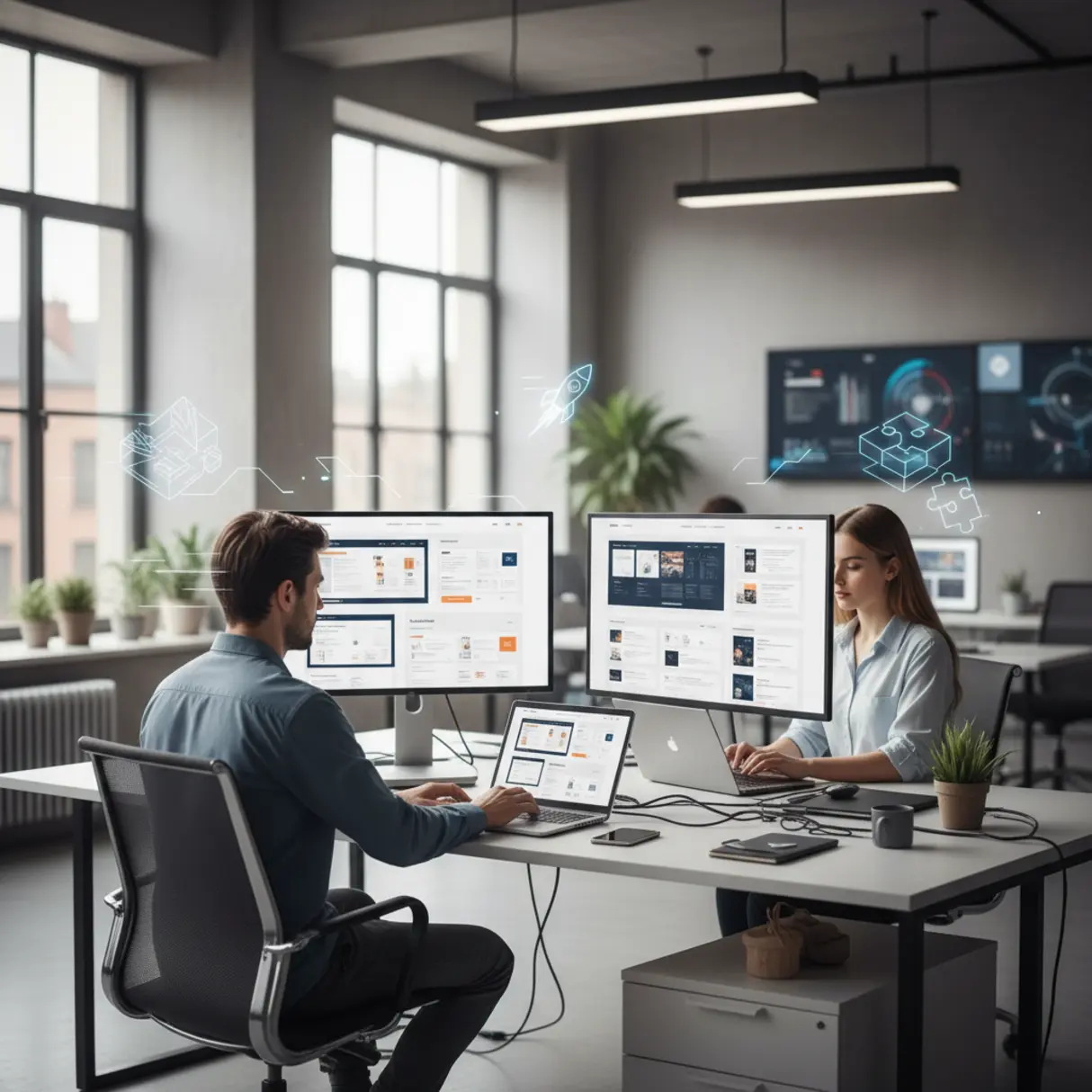 Dwoje młodych profesjonalistów pracuje nad makietami stron docelowych w nowoczesnym biurze agencji cyfrowej.