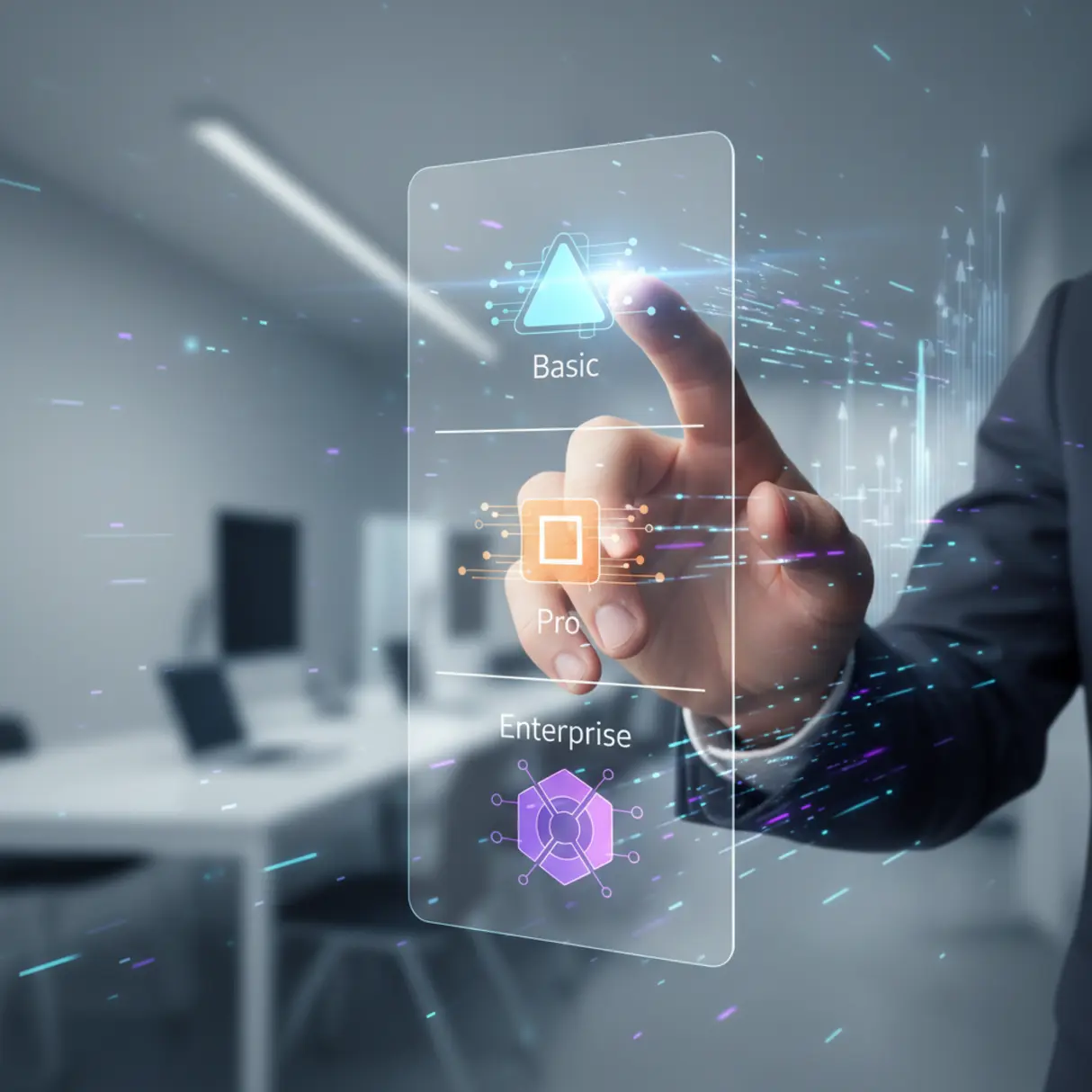 Dłoń wchodząca w interakcję z cyfrowym interfejsem prezentującym opcje pakietów produktowych z ikonami geometrycznymi i subtelnymi kolorami na tle nowoczesnego środowiska pracy.
 