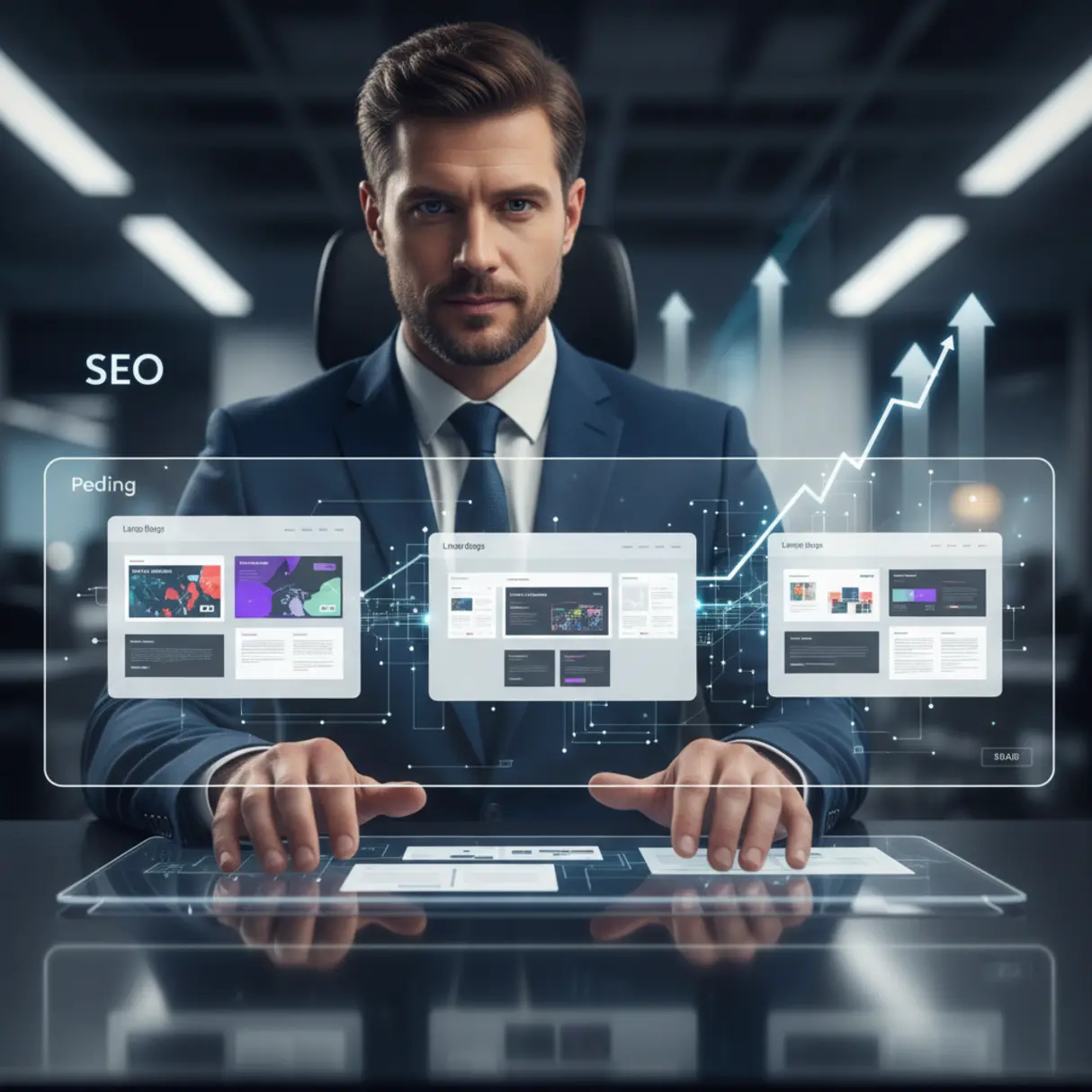 Profesjonalista od marketingu cyfrowego pracuje w nowoczesnym centrum dowodzenia, kontrolując projekty stron docelowych na przezroczystym ekranie dotykowym. Grafiki symbolizują stabilność API, automatyzację, skalowalność, wzrost SEO i rozwój firmy.