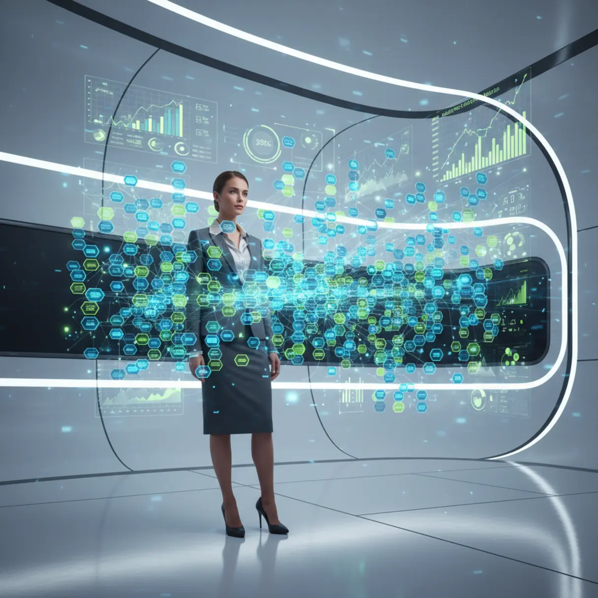 Osoba w futurystycznym centrum kontroli monitoruje holograficzny wyświetlacz 3D z siecią stron internetowych, strumieniami danych i wykresami SEO.