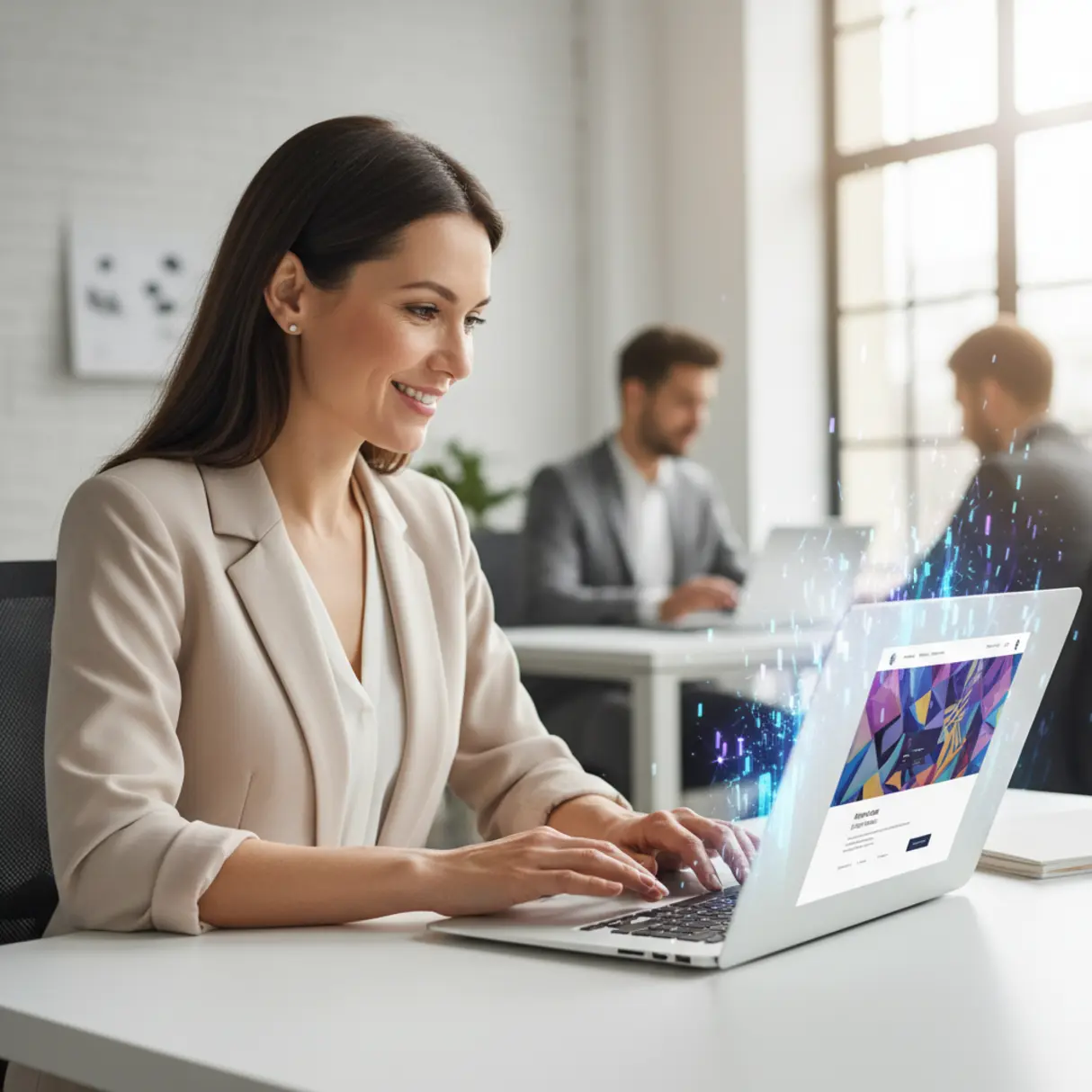Uśmiechnięta, pewna siebie kobieta, przedsiębiorca w nowoczesnym biurze, patrzy z zadowoleniem na stronę internetową na laptopie, otoczona subtelnymi efektami wizualnymi symbolizującymi wzrost i dynamikę biznesu.