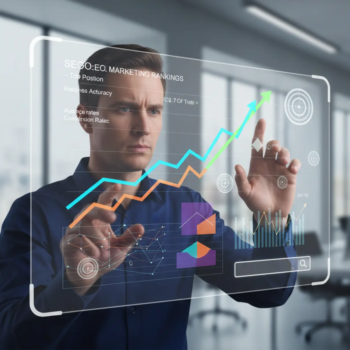 Skupiony strateg marketingu cyfrowego, pracujący z holograficznym wyświetlaczem prezentującym dane SEO, segmentację odbiorców i wskaźniki konwersji w nowoczesnym biurze.