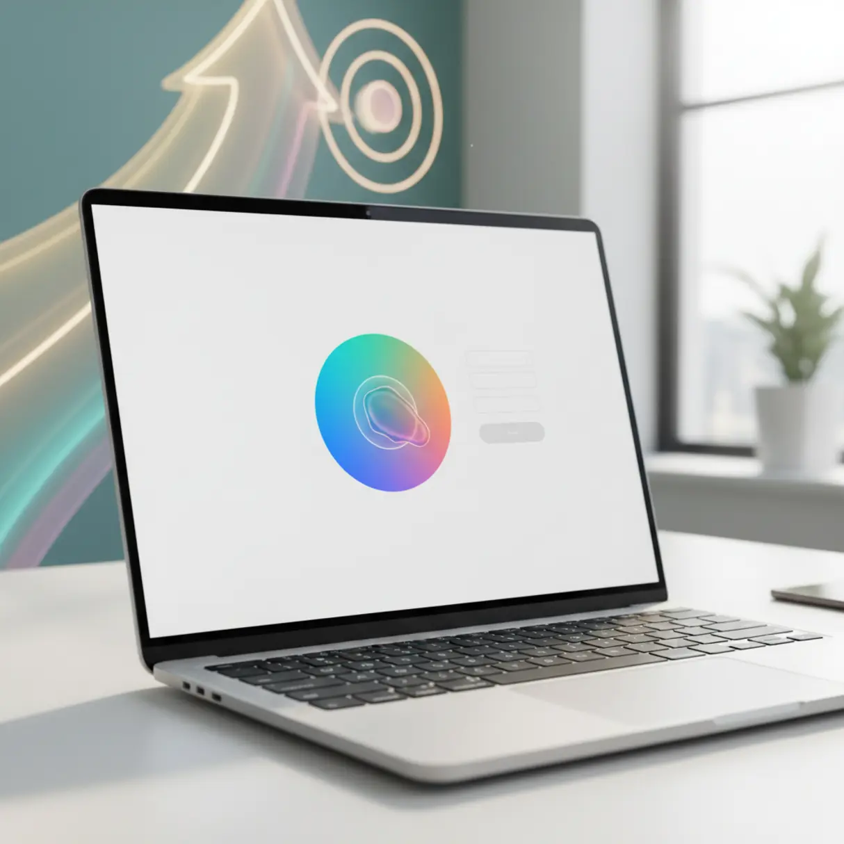 Ekran laptopa wyświetla nowoczesną stronę docelową z dynamicznym przyciskiem CTA i minimalistycznym formularzem, w tle subtelny efekt świetlny symbolizujący optymalizację konwersji.