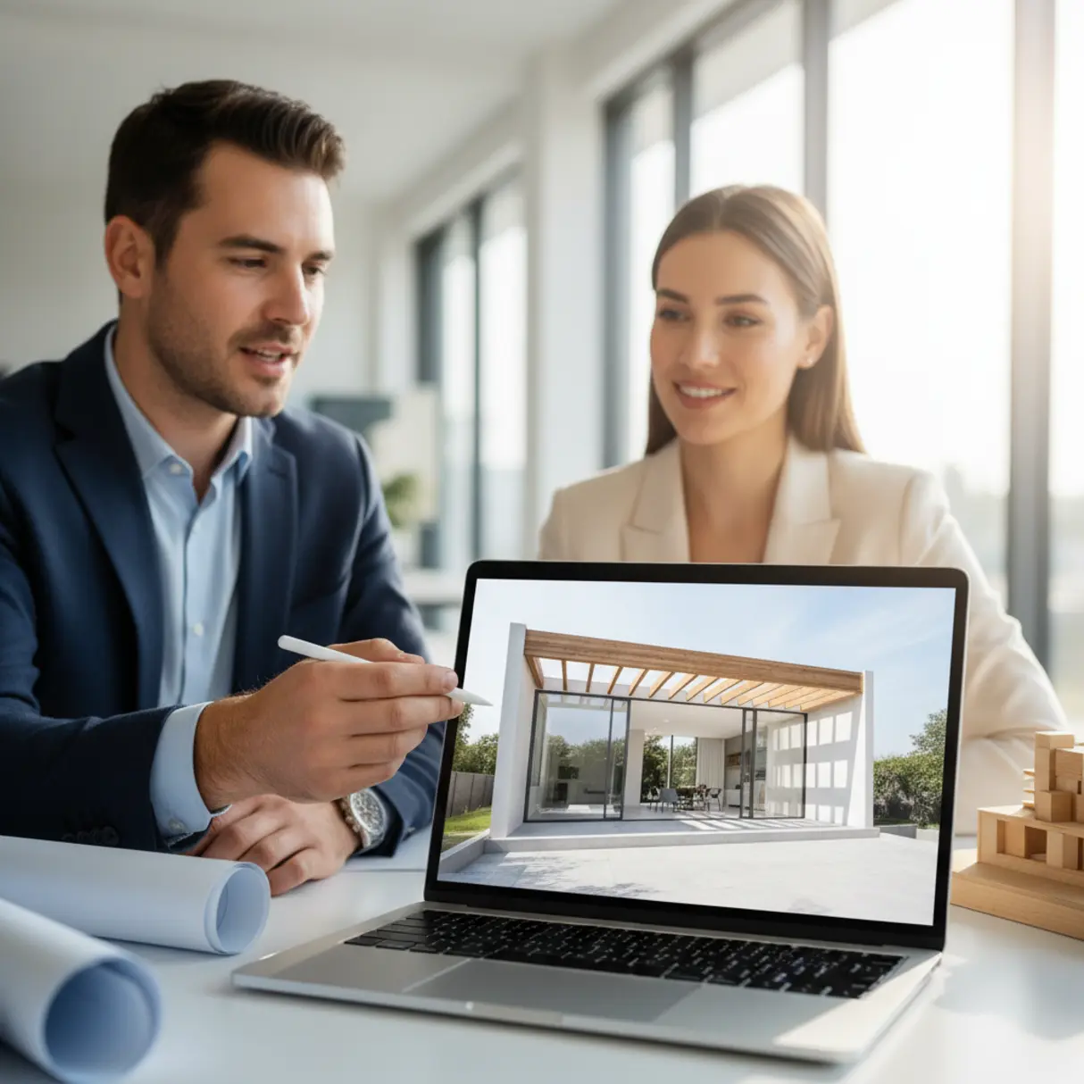 Nowoczesny laptop prezentuje wizualizację minimalistycznej willi. Architekt omawia projekt z zadowolonym klientem w jasnym biurze.