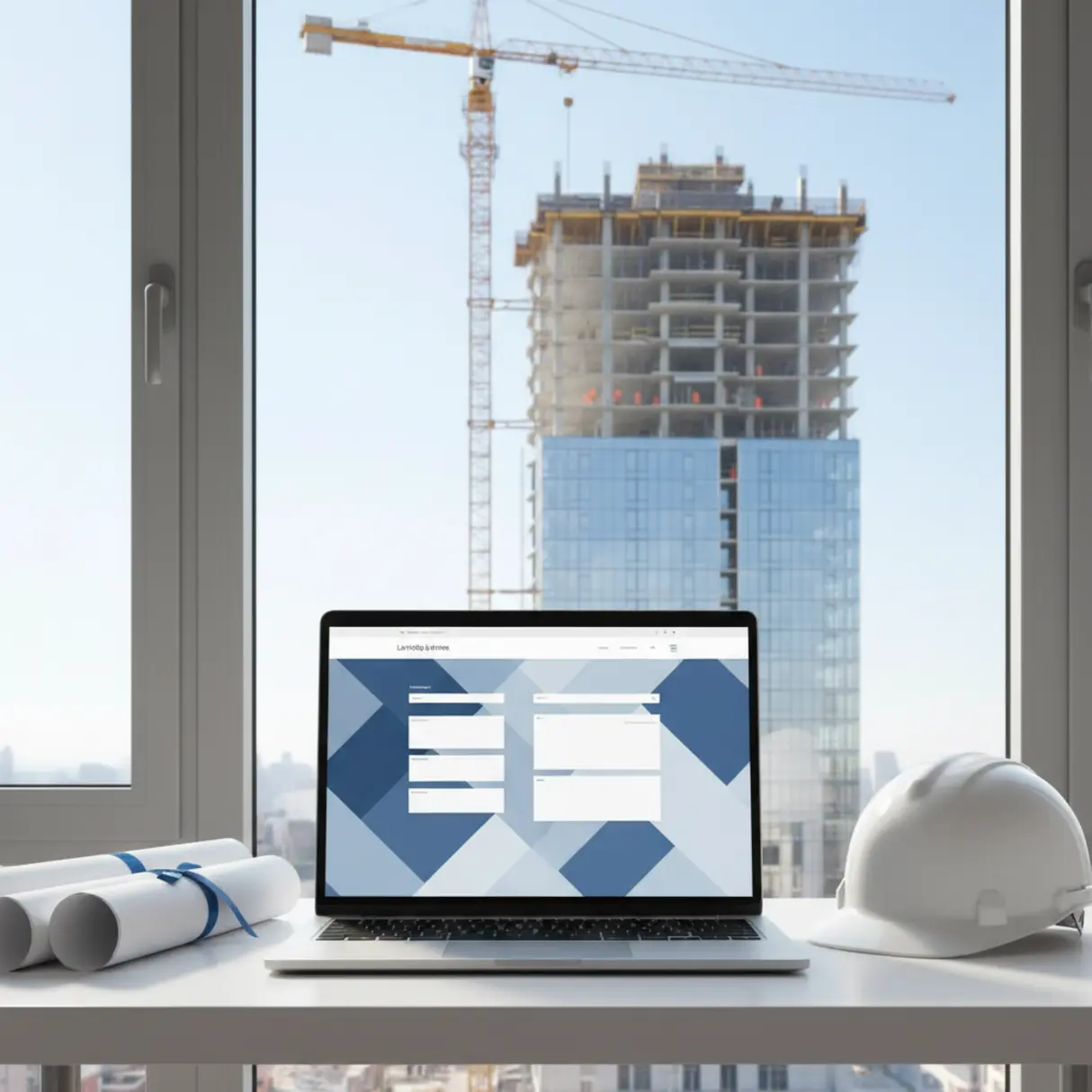 Laptop z otwartą stroną internetową na biurku z widokiem na plac budowy z dźwigiem.
