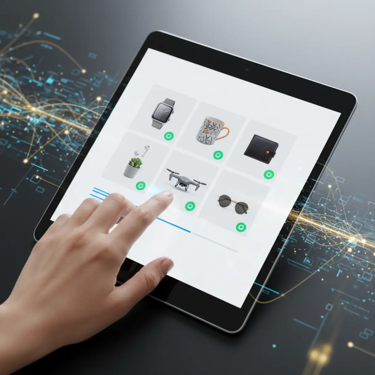 Dłoń wchodzi w interakcję z nowoczesnym tabletem prezentującym minimalistyczny interfejs e-commerce z różnorodnymi miniaturami produktów i subtelnymi elementami interaktywnymi na rozmytym tle z cyfrowymi elementami.
