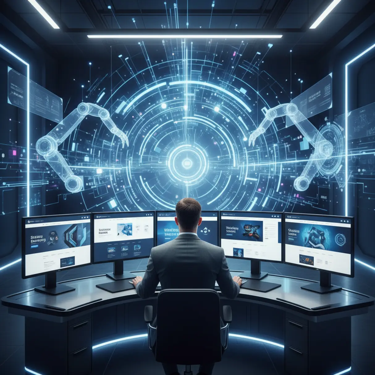 Nowoczesne cyfrowe centrum dowodzenia z profesjonalistą analizującym dane na wielu ekranach, przedstawiających strony internetowe. W tle dynamiczne ścieżki danych i abstrakcyjne strumienie symbolizujące automatyzację i AI.
