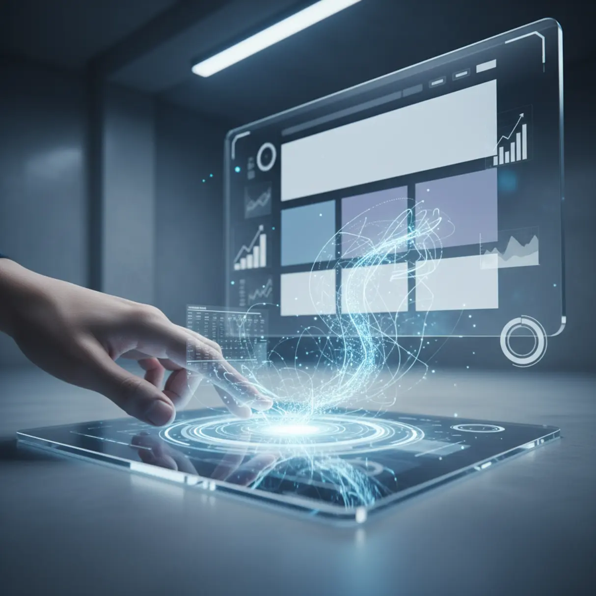 Dłoń wchodzi w interakcję z holograficznym interfejsem, tworząc nowoczesny projekt strony docelowej z dynamicznych danych w high-techowym studio.