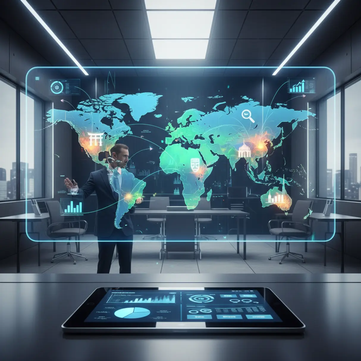 Nowoczesne biuro z interaktywną mapą świata, symbolizującą globalną strategię i optymalizację SEO.
