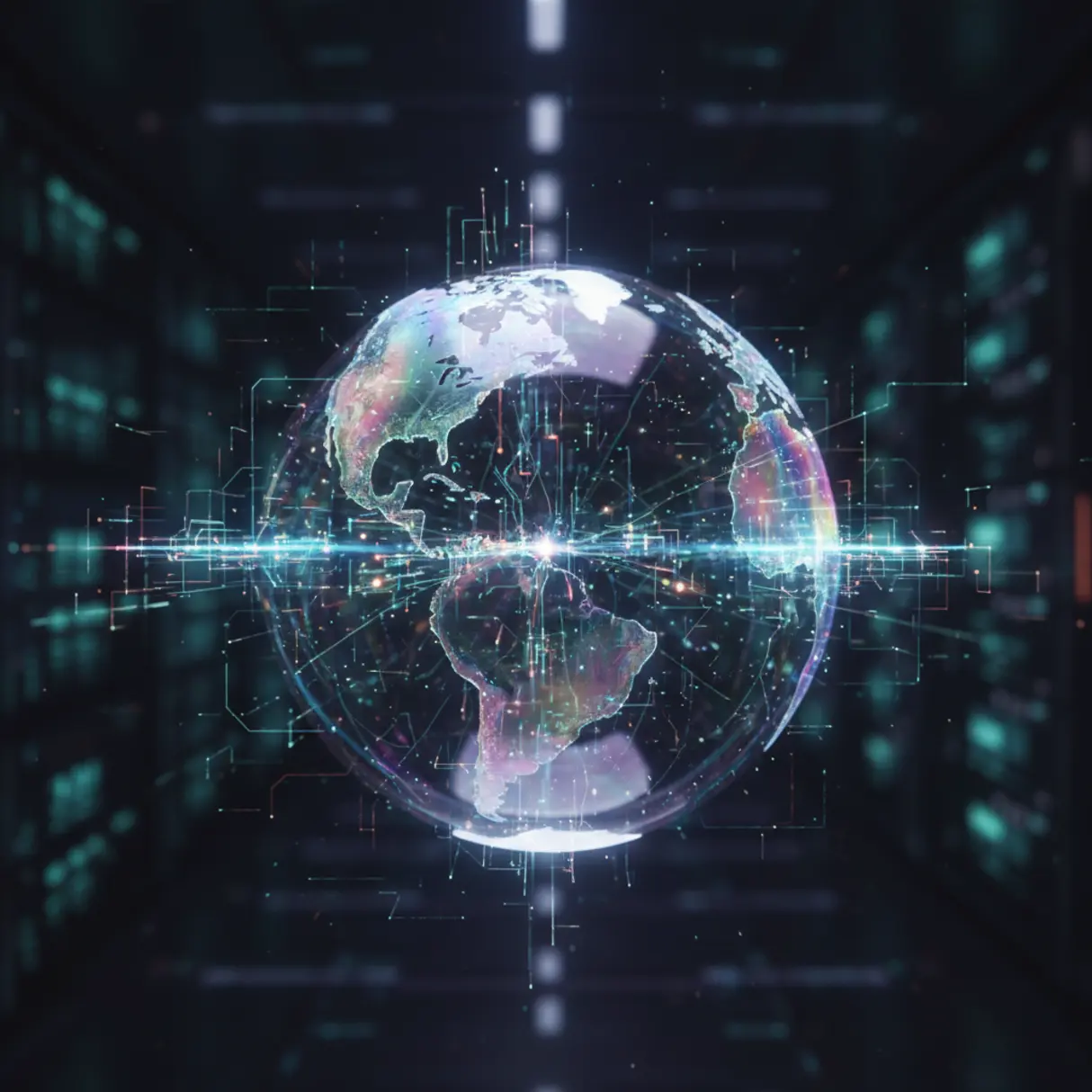 Holograficzny glob z cyfrowymi strumieniami danych symbolizujący automatyczną globalną ekspansję marketingową.