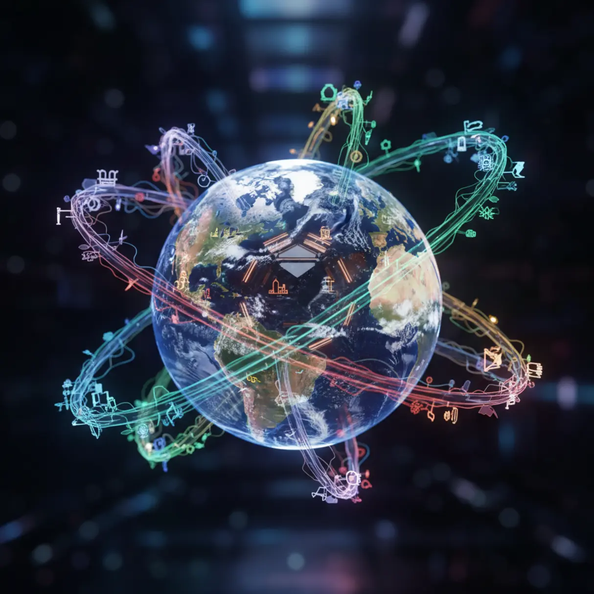 Świecący rdzeń cyfrowy emituje linie światła otaczające holograficzną projekcję Ziemi, symbolizując globalny zasięg i spersonalizowane treści.