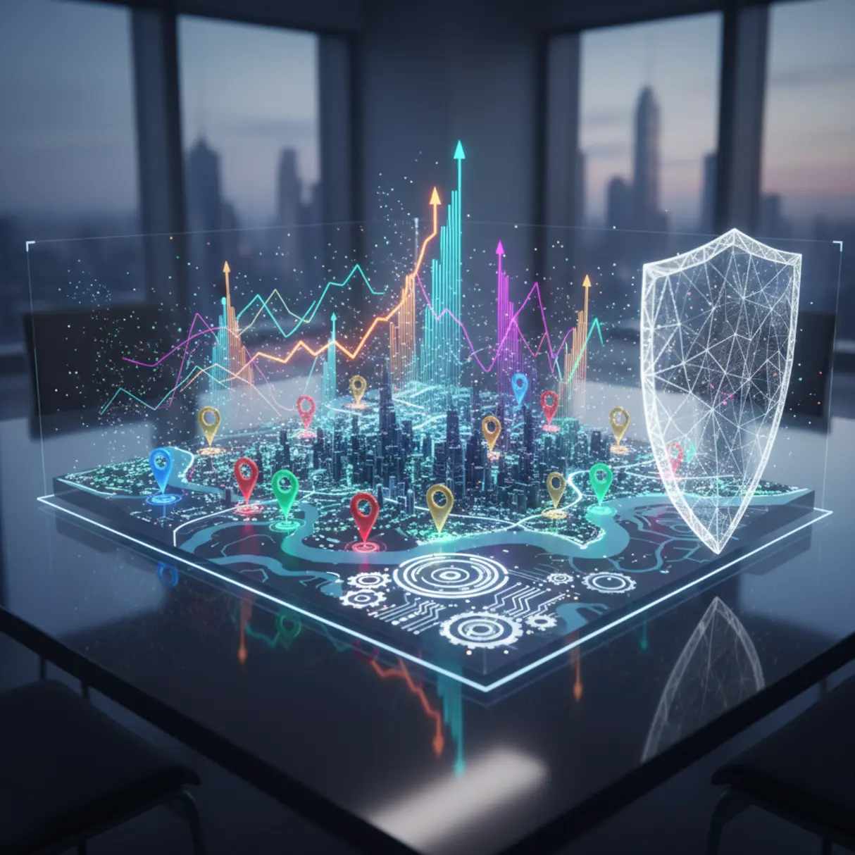 Holograficzna mapa cyfrowa z pinami i danymi w nowoczesnym biurze, symbolizująca wzrost i bezpieczeństwo SEO.