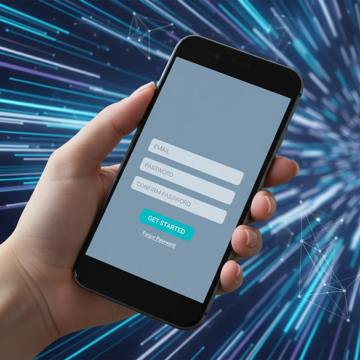 Dłoń trzymająca smartfon z minimalistycznym formularzem internetowym na ekranie, w tle cyfrowy świat.
