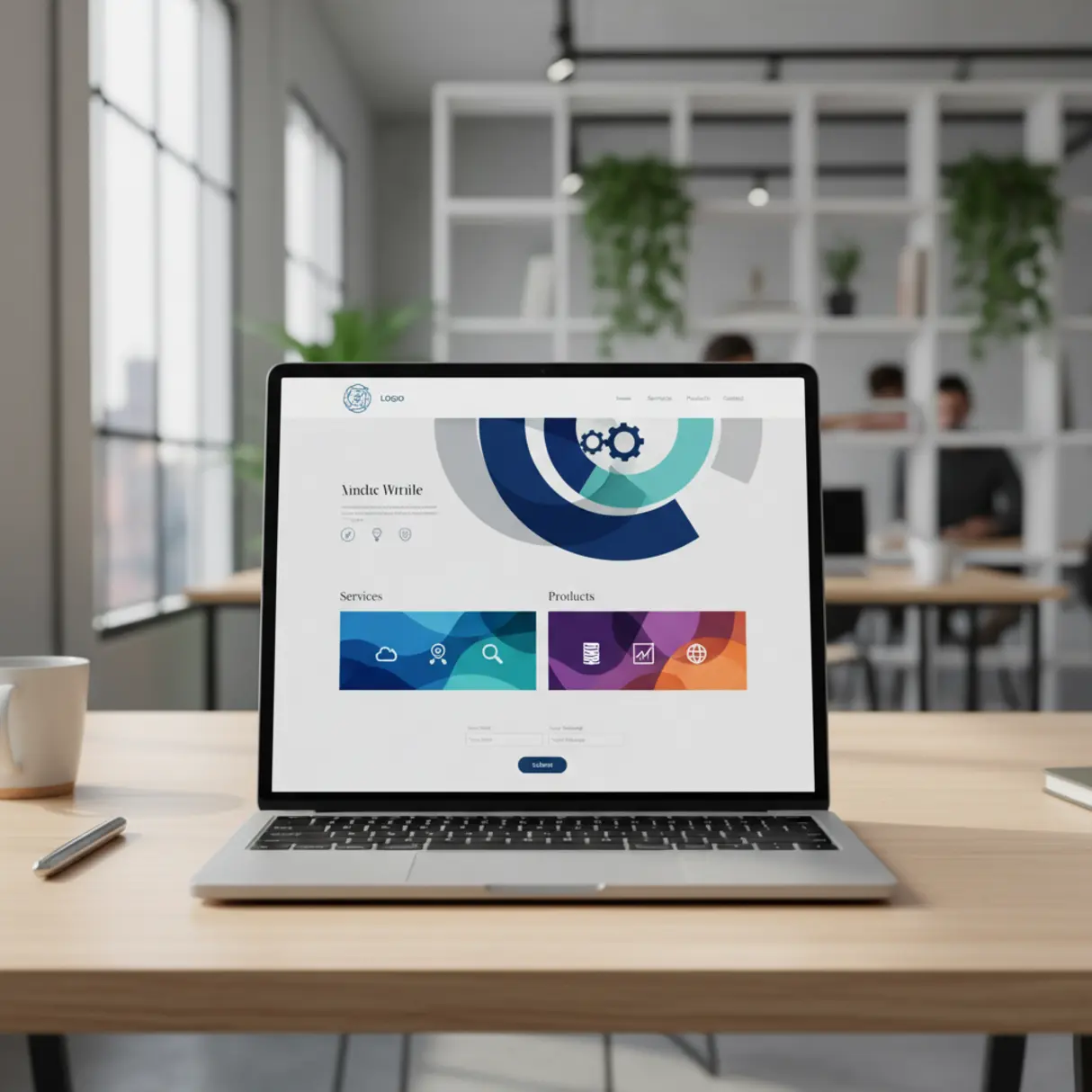 Ekran nowoczesnego laptopa prezentujący profesjonalną stronę docelową z minimalistycznym designem, abstrakcyjnymi elementami graficznymi i formularzem kontaktowym, umieszczony w jasnym biurze.