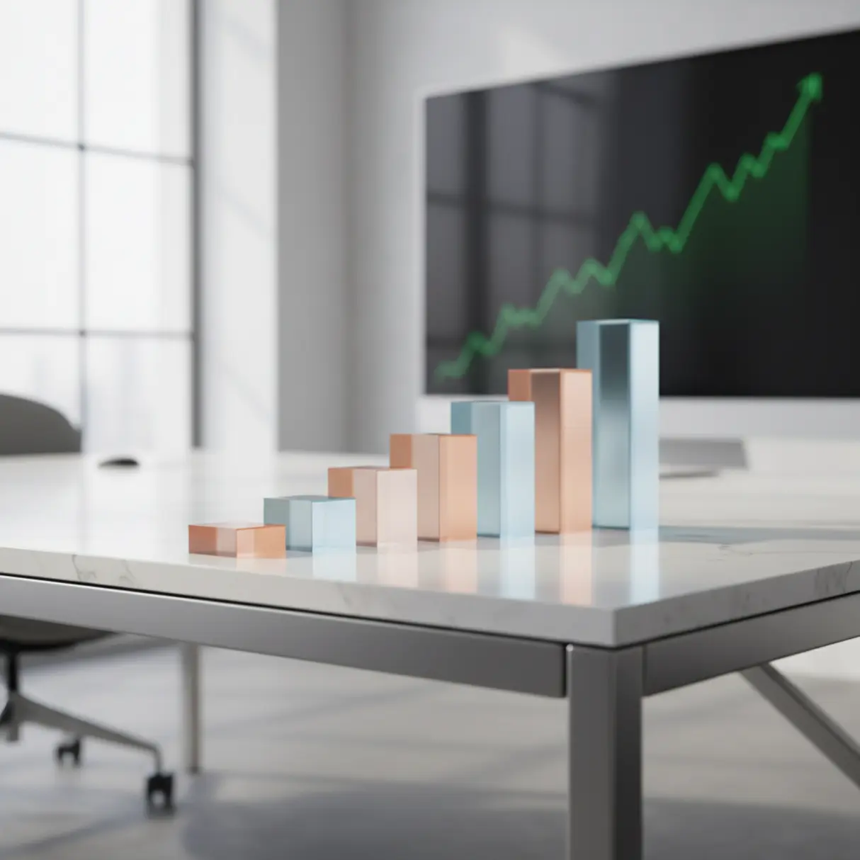 Nowoczesne biuro z minimalistycznym biurkiem, na którym ułożone są geometryczne, podświetlane bloki symbolizujące wzrost i sukces finansowy.
