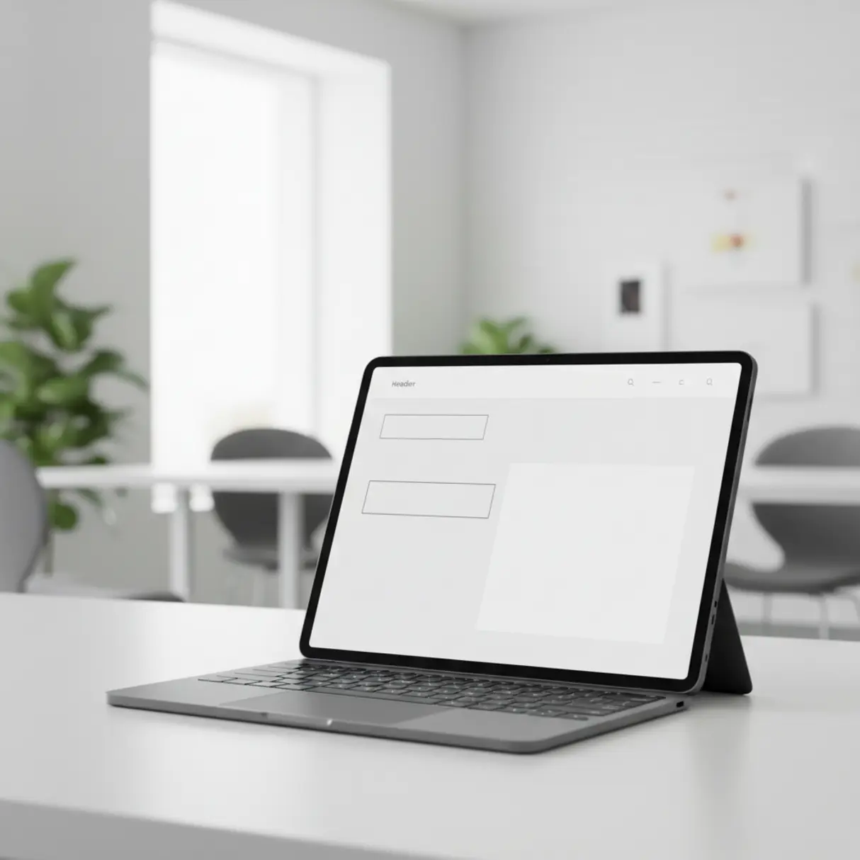 Elegancki tablet/laptop na biurku z minimalistycznym projektem strony docelowej (landing page) bez tekstu.