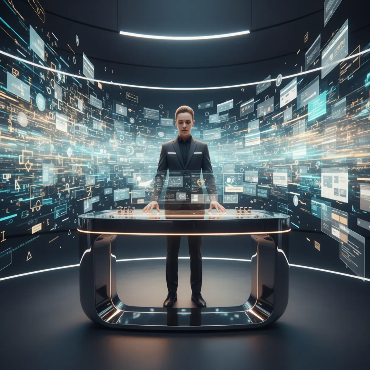 Futurystyczny panel kontrolny z danymi transformowanymi w gotowe strony internetowe, symbolizujący automatyzację i rozwój.
