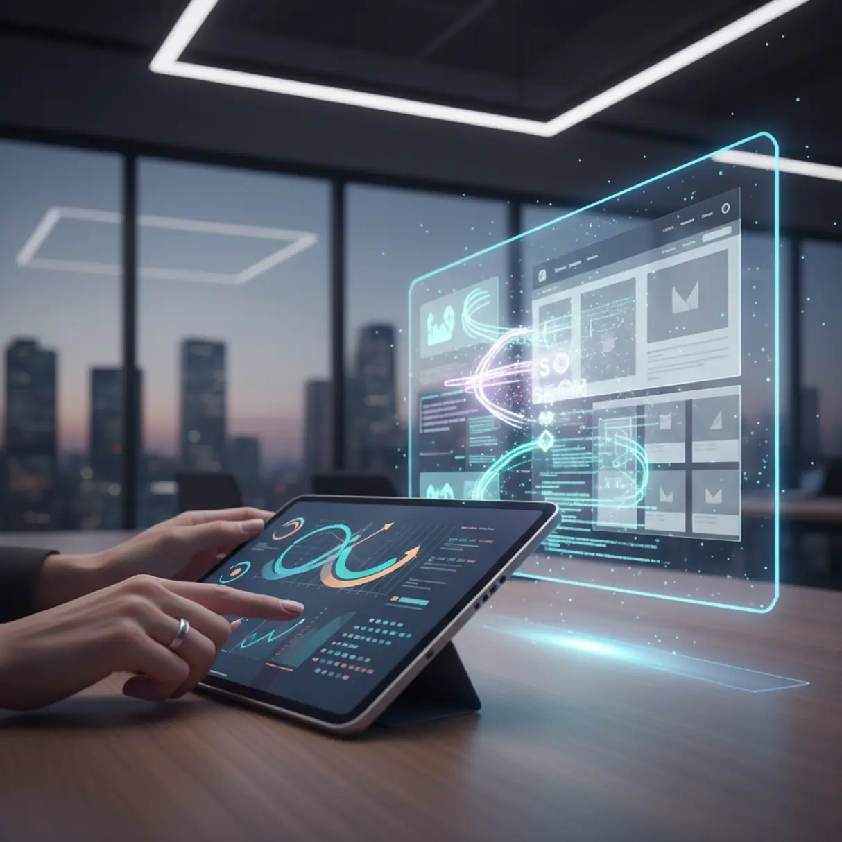 Elegancka dłoń obsługuje tablet z wizualizacjami danych strategicznych, a holograficzny interfejs automatycznie tworzy stronę internetową z elementów treści, słów kluczowych SEO i kodu w nowoczesnym biurze.
