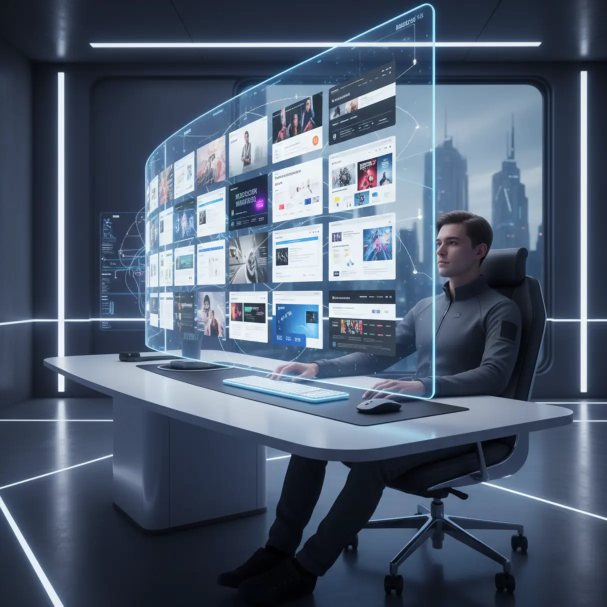 Osoba siedząca przy futurystycznym biurku z holograficznym ekranem prezentującym dynamicznie generowane strony internetowe w minimalistycznym, high-tech biurze.
