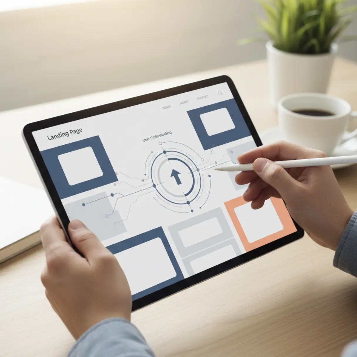 Precyzyjne ręce projektują nowoczesną stronę lądowania na tablecie, minimalistyczne biuro w tle.