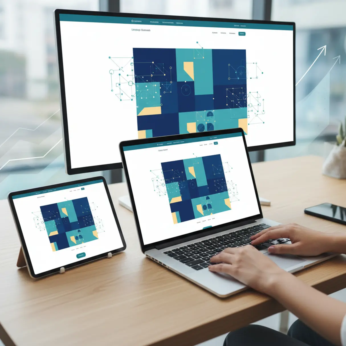 Nowoczesne biurko z laptopem, tabletem i monitorem wyświetlającymi spójny projekt strony internetowej, podkreślający profesjonalizm i harmonię wizualną. Widoczne dłonie na klawiaturze, abstrakcyjne tło z elementami sugerującymi wzrost.
 