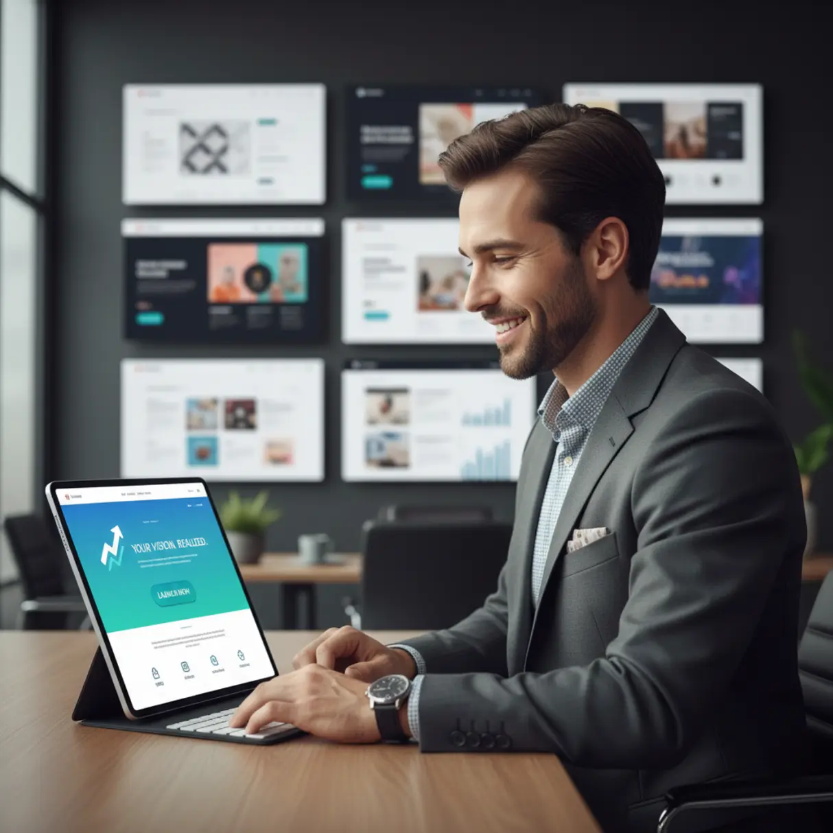 Uśmiechnięty profesjonalista w nowoczesnym biurze patrzy na laptopa z dopracowaną stroną docelową i przyciskiem "call-to-action". W tle inne ekrany z różnymi projektami stron, podkreślając innowacyjność i sukces.