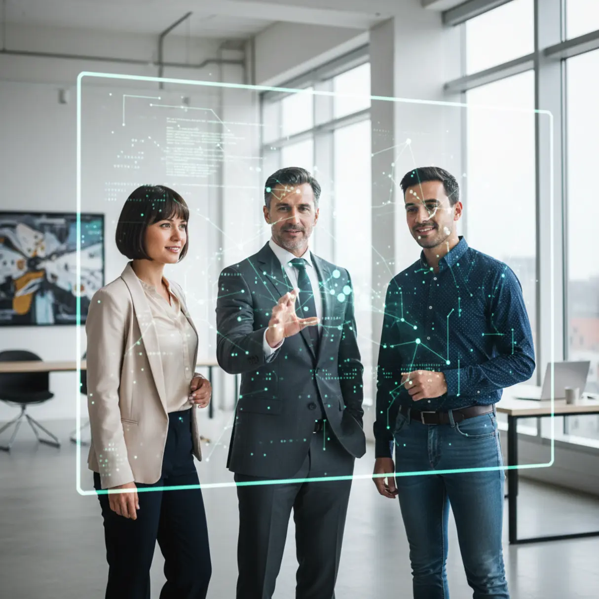 Trójka zróżnicowanych specjalistów biznesowych, CEO w garniturze, managerka marketingu w stylu smart casual i specjalista IT w nowoczesnej koszuli, stojąca wokół holograficznego wyświetlacza z danymi i gestykulacją, w nowoczesnym biurze.
