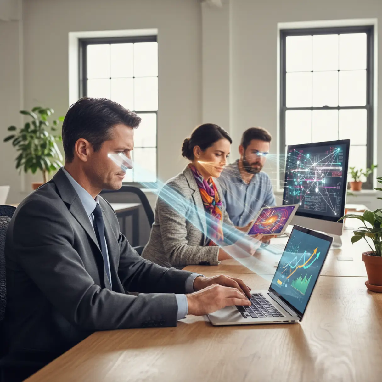Trzy osoby pracują w nowoczesnej przestrzeni co-workingowej, skupione na swoich urządzeniach: mężczyzna analizuje dane na laptopie, kobieta przegląda projekty na tablecie, a programista analizuje kod na monitorze. Od ekranów biją subtelne fale światła, symbolizujące spersonalizowane informacje.
