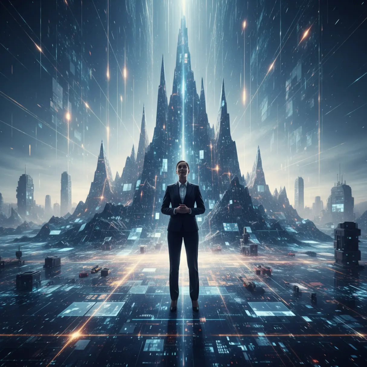 Wizjonerski lider biznesu stojący na platformie z cyfrowych ekranów symbolizującej dominację technologiczną i nieograniczony wzrost.
