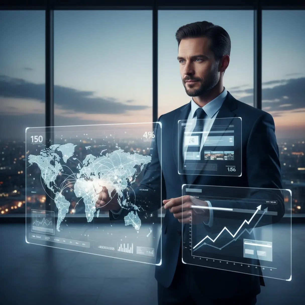 Biznesmen w futurystycznym centrum dowodzenia analizuje dane na holograficznych ekranach z mapą świata i wykresami, symbolizujące globalny zasięg i dominację na rynku, z widokiem na oświetlone miasto w tle.
