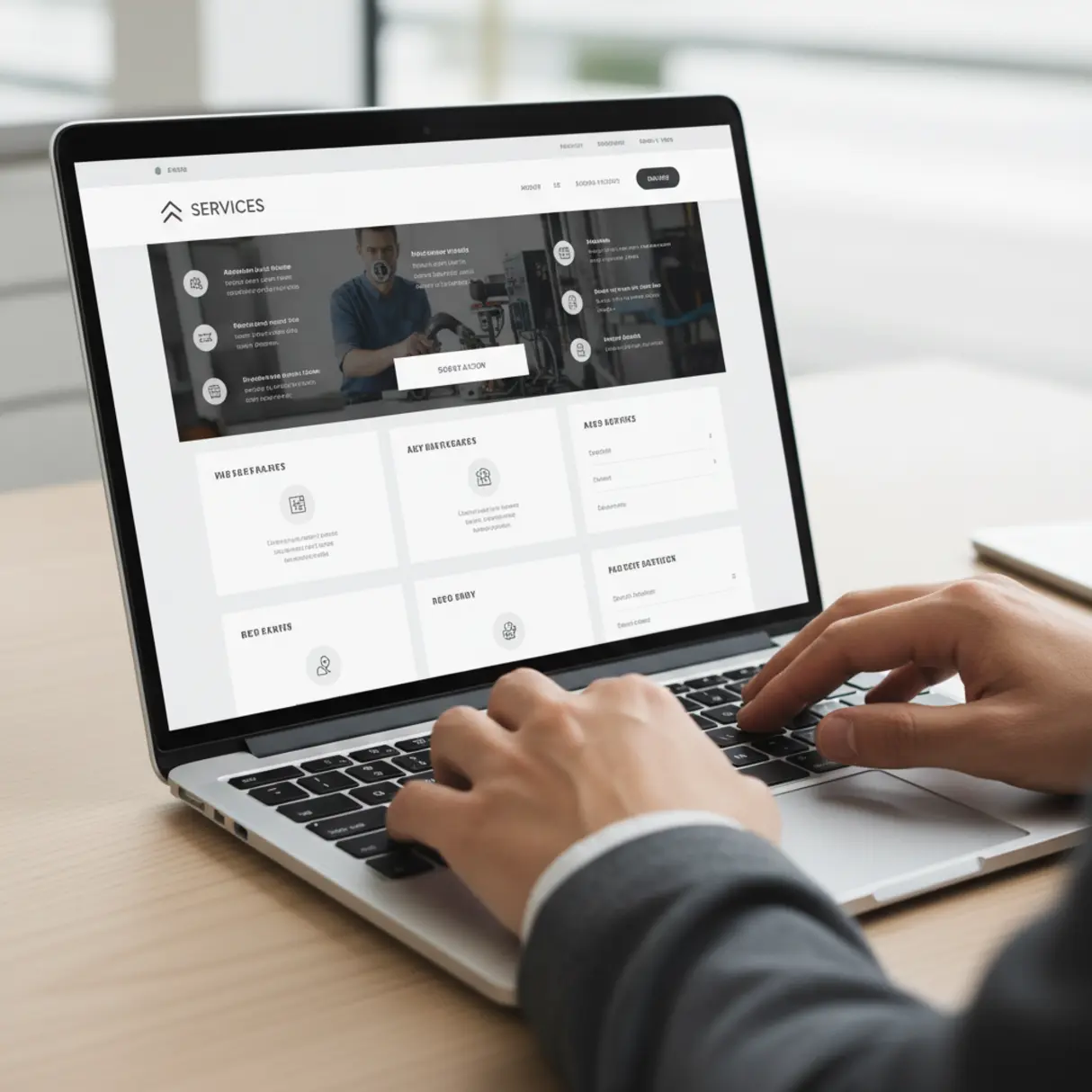 Dłonie na laptopie prezentują minimalistyczną stronę internetową z ikonami, formularzem i przyciskiem "Call to Action".