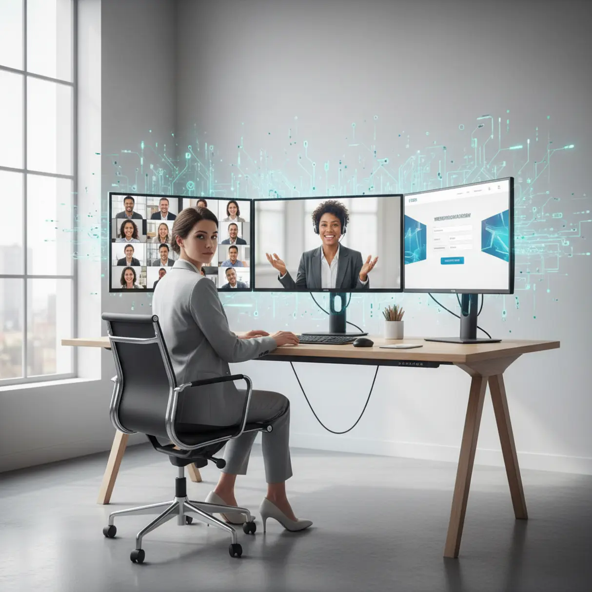 Profesjonalista pracujący przy ergonomicznym biurku z wieloma ekranami, prowadzący lub uczestniczący w webinarze.