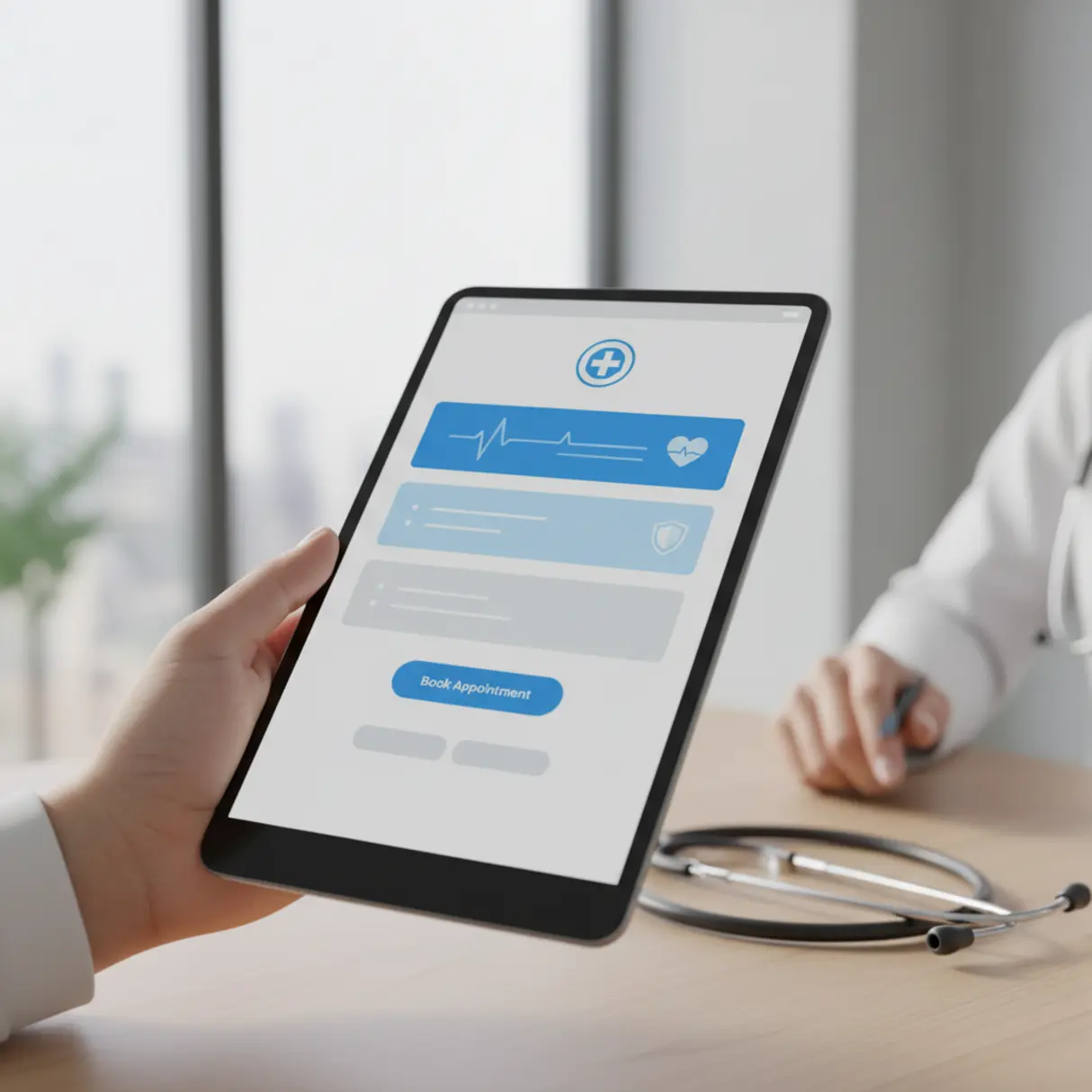 Dłoń trzyma tablet z wyświetloną stroną internetową kliniki medycznej na tle rozmytego wnętrza gabinetu.