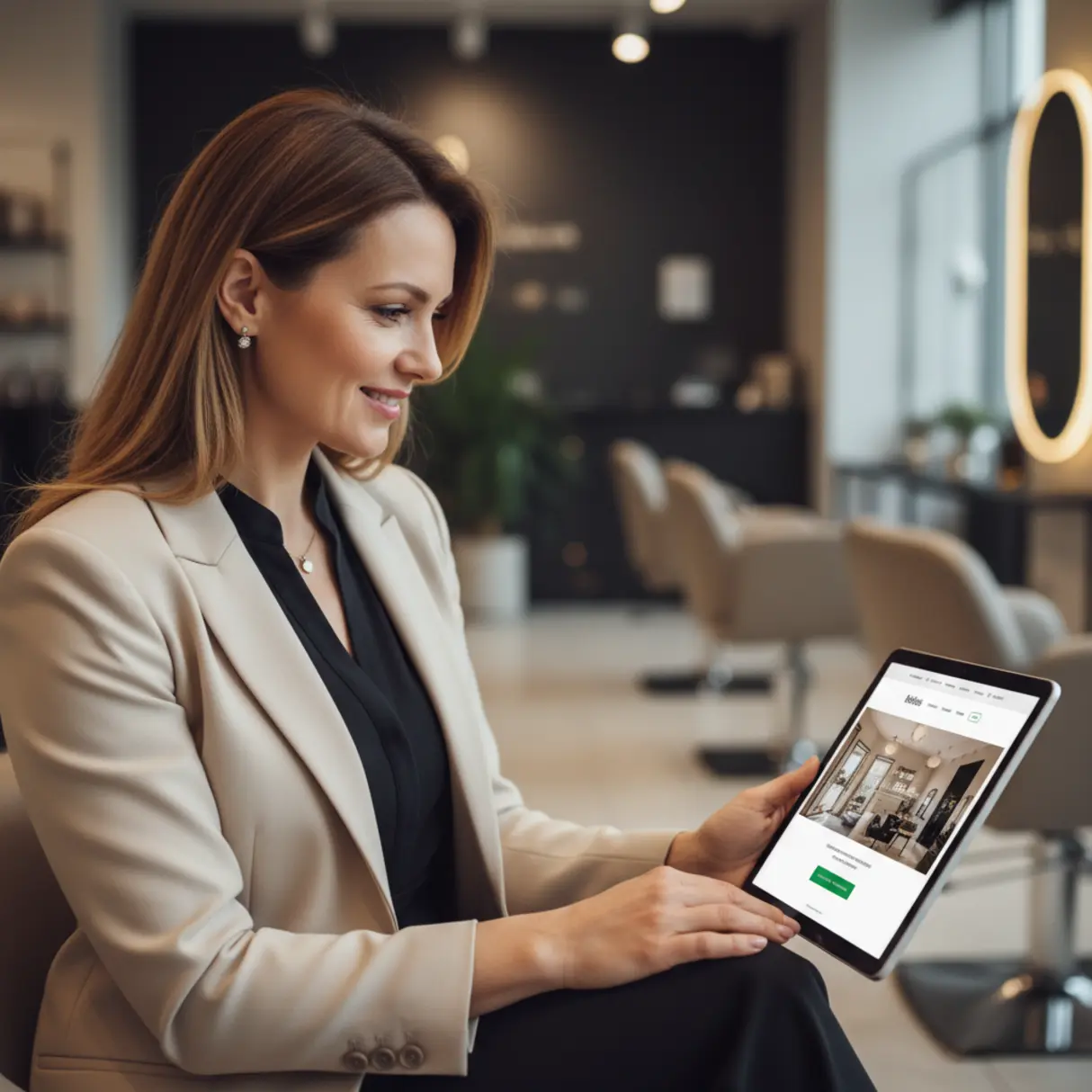 Właścicielka salonu beauty korzysta z laptopa, przeglądając stronę internetową salonu w eleganckim wnętrzu.