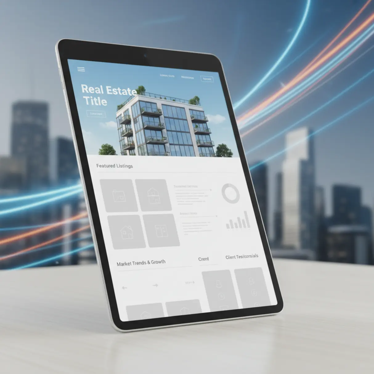 Tablet prezentujący nowoczesny szablon strony dla branży nieruchomości, na minimalistycznym biurku, z rozmytym tłem sugerującym szybki rozwój.
