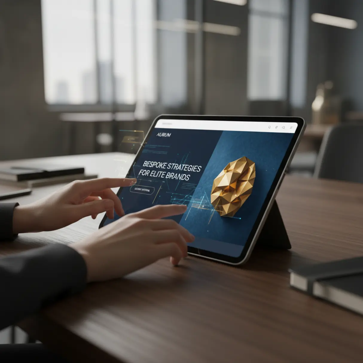 Eleganckie dłonie korzystają z ultracienkiego tabletu/laptopa, wyświetlającego minimalistyczną stronę internetową z wysokiej jakości obrazem i typografią, symbolizującą luksus i innowacje.
