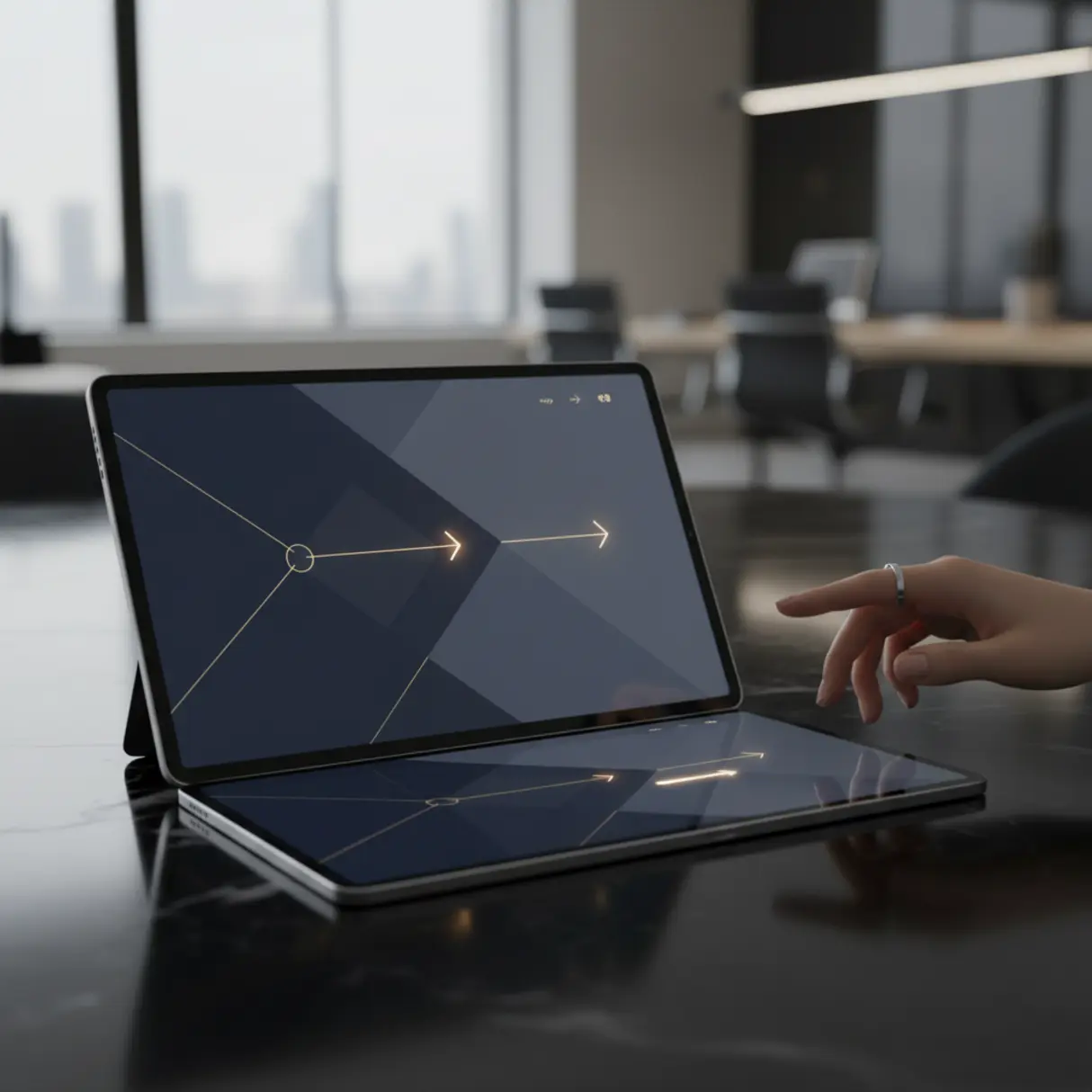 Ekran laptopa lub tabletu wyświetlający minimalistyczny design strony internetowej, dłoń wskazująca na interakcję, luksusowe wykończenie i profesjonalne oświetlenie.
