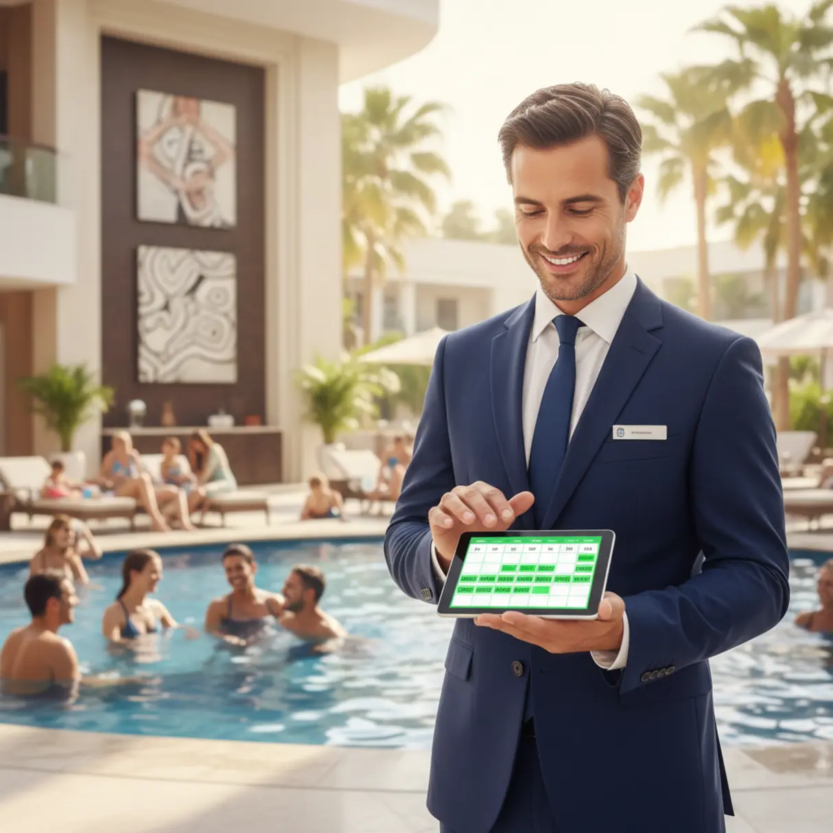 Uśmiechnięty, zadowolony menadżer hotelu wpatruje się w tablet z kalendarzem pełnym rezerwacji na tle luksusowego lobby i basenu z gośćmi.
