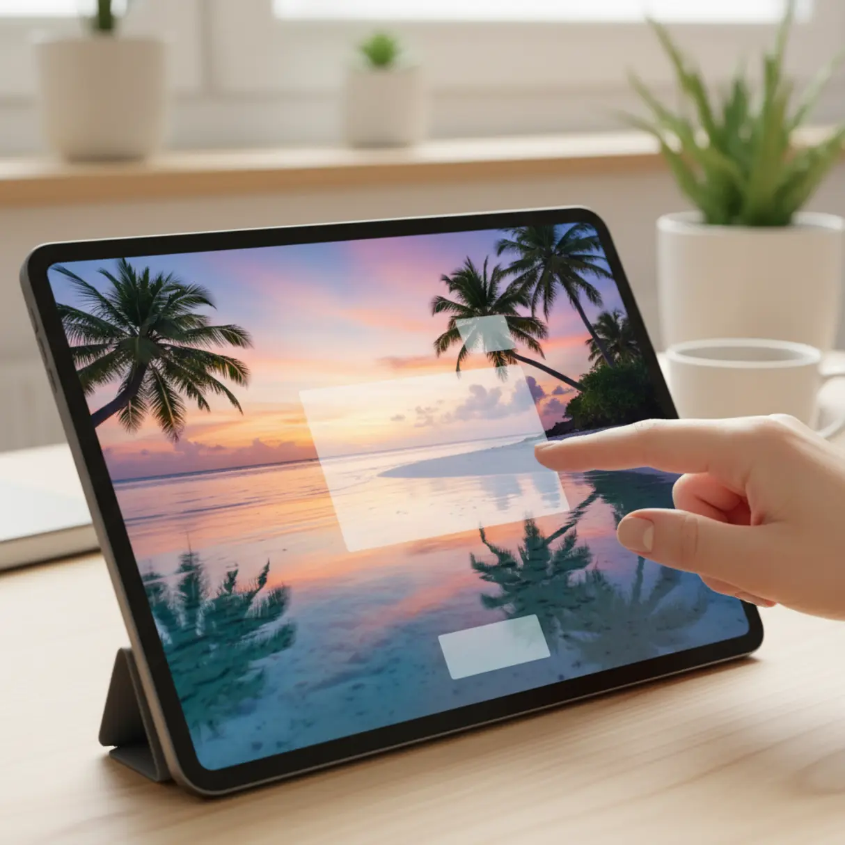 Tablet z wyświetlanym zdjęciem rajskiej plaży, interfejs rezerwacji, dłoń dotykająca ekranu.
