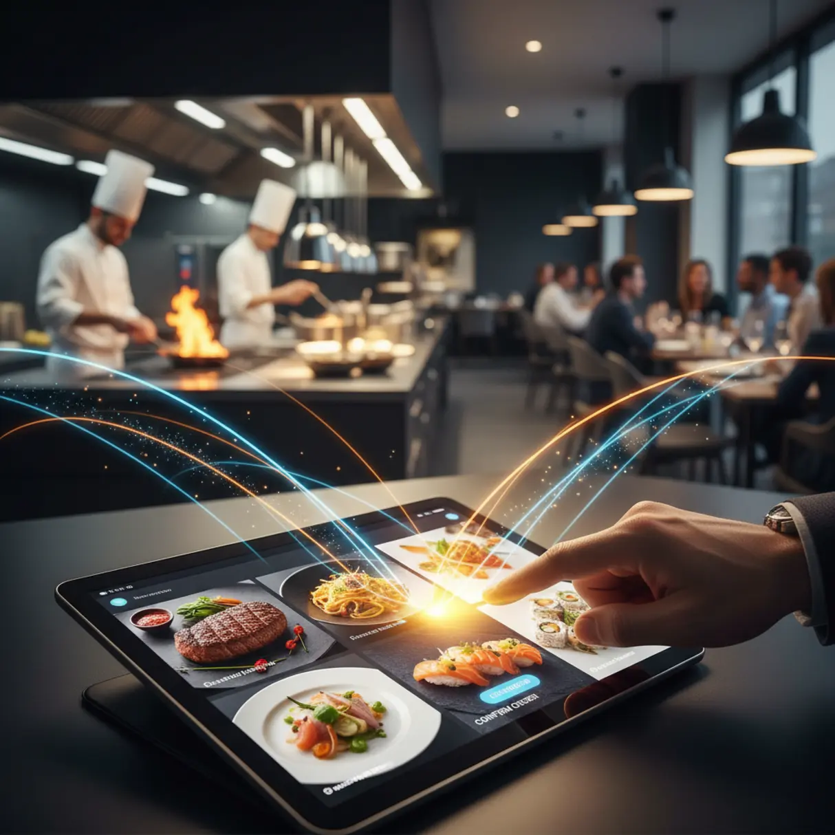 Tablet z interfejsem zamawiania jedzenia w nowoczesnej restauracji, symbolizujący innowacyjność i rozwój.