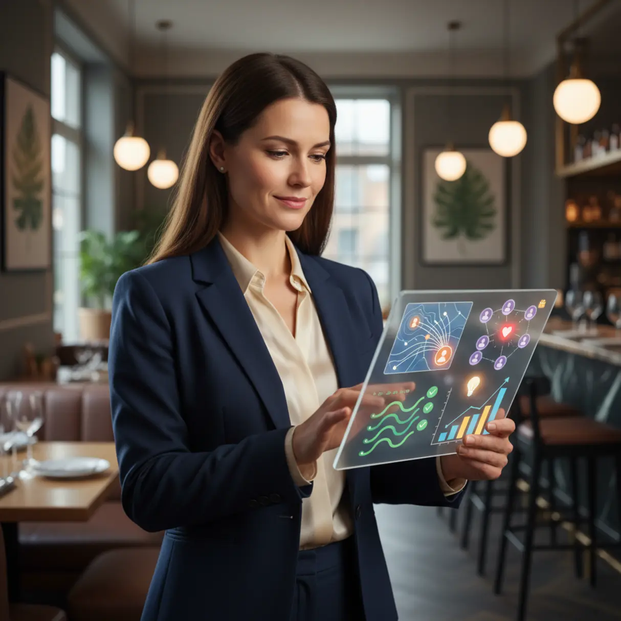 Właściciel restauracji wpatruje się w tablet z grafikami symbolizującymi widoczność online, lojalność klientów, automatyzację zamówień i wzrost biznesu.