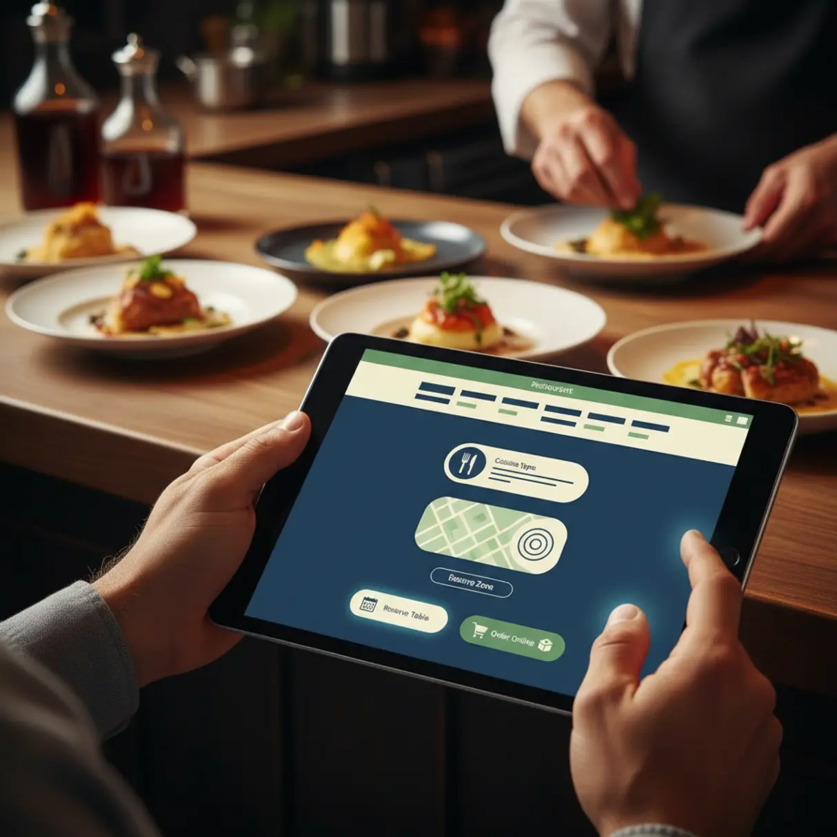 Dłonie trzymają tablet z interfejsem strony restauracji, na ekranie menu, mapa dostaw i przyciski "Rezerwuj stolik" i "Zamów online". W tle restauracja i apetyczne dania.
