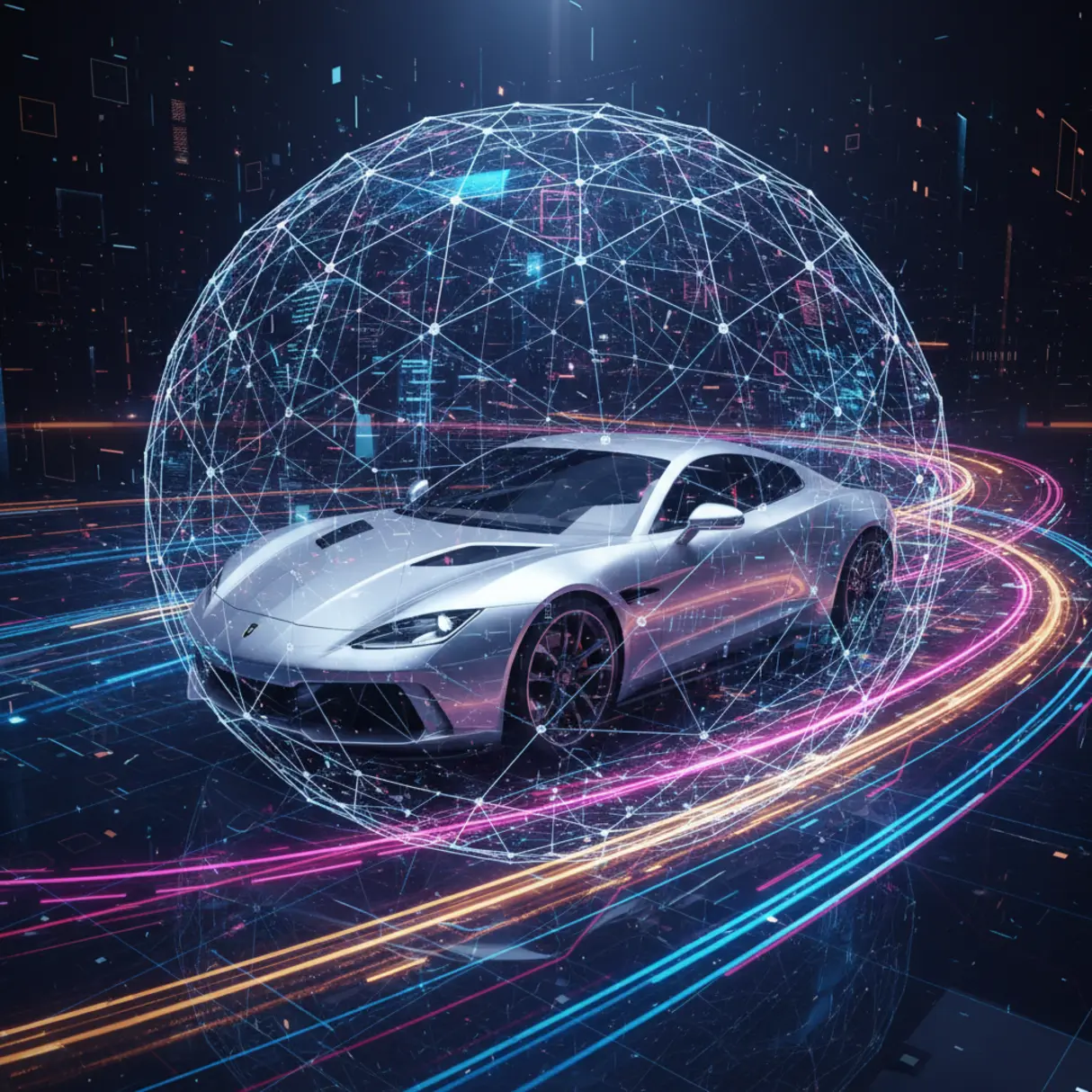 Luksusowy, nowoczesny samochód sportowy otoczony cyfrową siecią symbolizującą rozwiązania online i generowanie leadów w branży motoryzacyjnej.
 